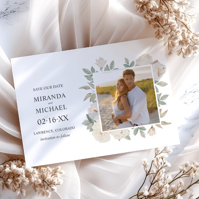 Romantische Weißrosen Elegantes FOTO WEDDING Save The Date (Von Creator hochgeladen)