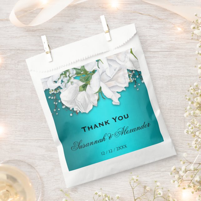 Romantische Weißrosen und Aqua-Hochzeit Geschenktütchen (Ausgeschnitten)