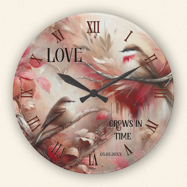 Romantische Whimsical Love Birds Runde Wanduhr (Wall clock featuring a whimsical painting of two cute birds - with classic elegant Roman numerals)