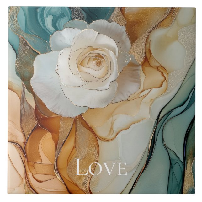 Romantische White Aqua Gold Liebe Fliese (Vorderseite)