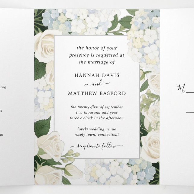 Romantische White Hydrangea Rose Elegante Wedding  Dreifach Gefaltete Einladung (Innenseite Mitte)