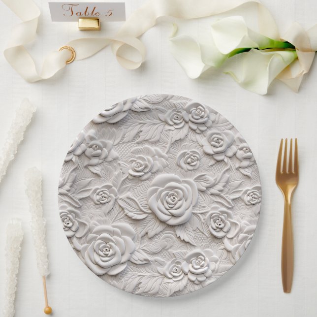 Romantische White Roses Imitats Leather Wedding Pappteller (Hochzeit)