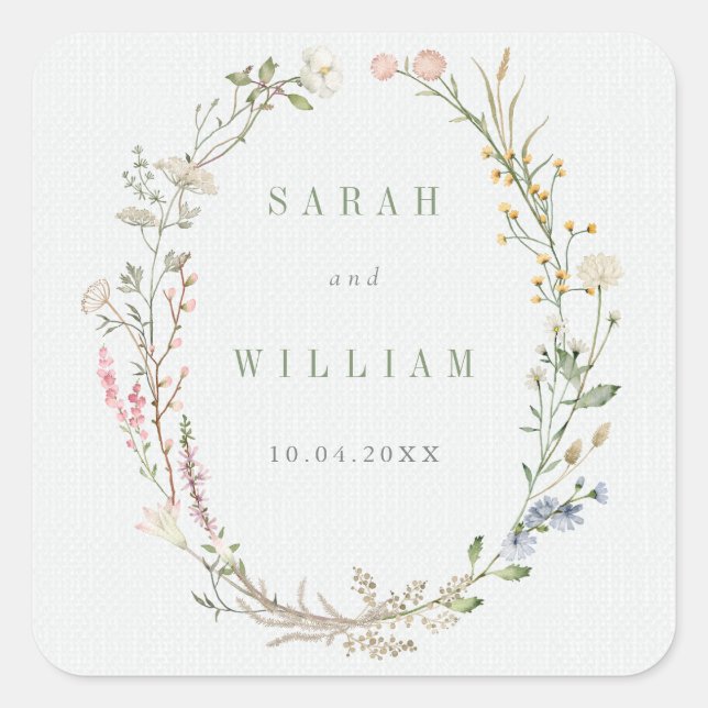 Romantische Wiesen-Blume Hochzeitsticker Quadratischer Aufkleber (Vorderseite)