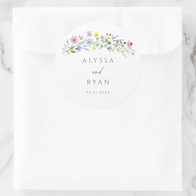 Romantische Wildblume Boho Garden Hochzeit Runder Aufkleber (Tasche)