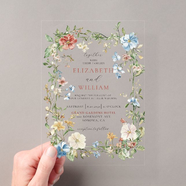 Romantische Wildblume Boho Wassercolor Hochzeit Acryleinladungen (Insitu (Handheld))