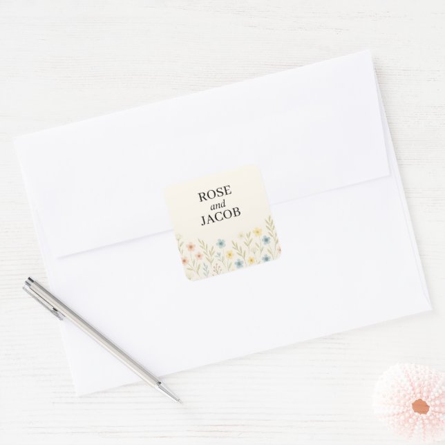 Romantische Wildblume Hochzeitsticker Quadratischer Aufkleber (Umschlag)