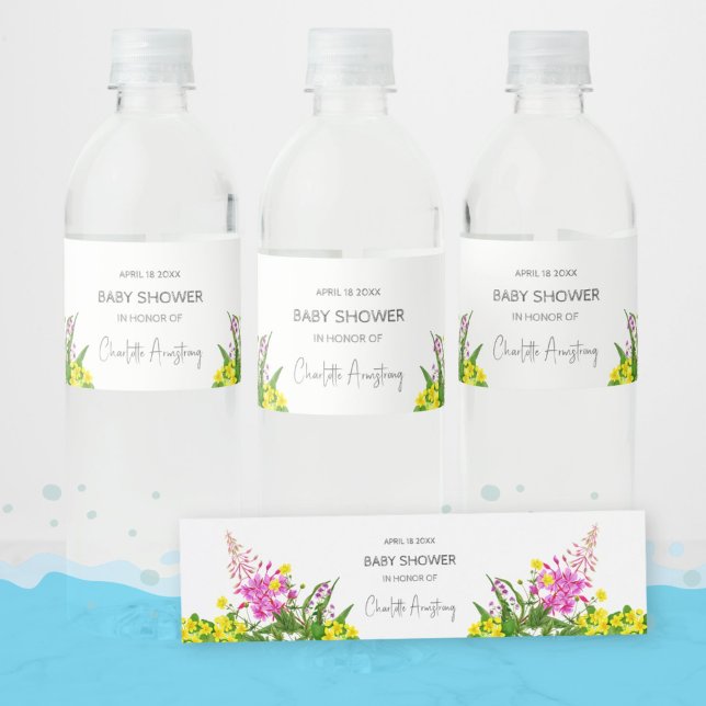 Romantische Wildblume Script Babydusche (Romantic Bright Wildflower Script Baby Shower Water Bottle Label - ©Susanne Sachers - Sunny Mind Design)