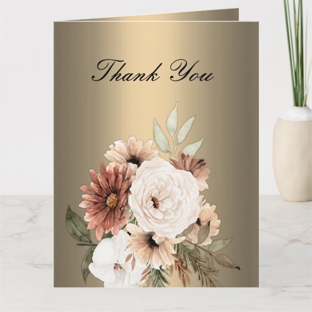 Romantische Wildblumen Hochzeit in Gold und Boho Dankeskarte (Vorderseite)