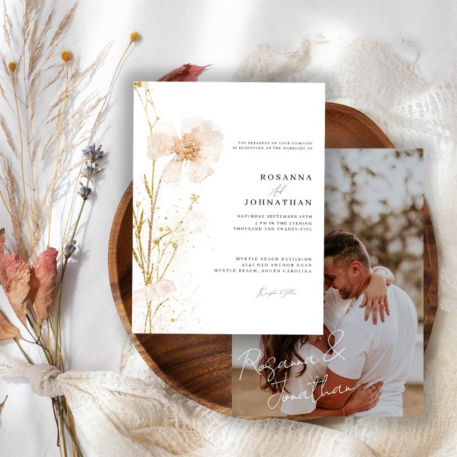 Romantische Wildblumen Hochzeit mit Gold und Blush Einladung (Von Creator hochgeladen)