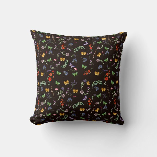 Romantische Wildblumen und Schmetterlinge schwarz Kissen (Vorderseite)