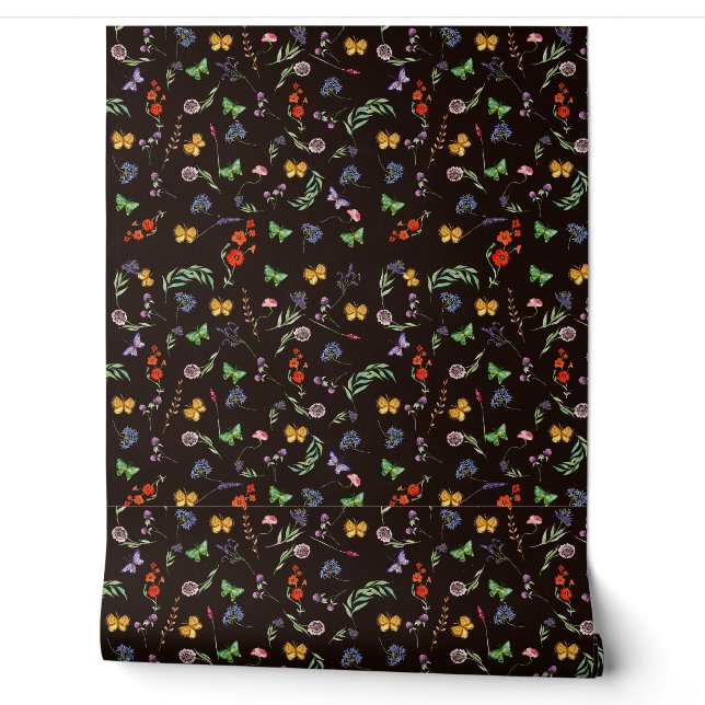 Romantische Wildblumen und Schmetterlinge schwarz Tapete (Abrollen)