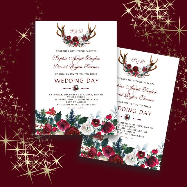 Romantische Winter-Burgund-Floral Antlers Wedding Einladung (Von Creator hochgeladen)