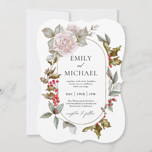 Romantische Winterflorale und Evergreens Wedding Einladung (Vorderseite)