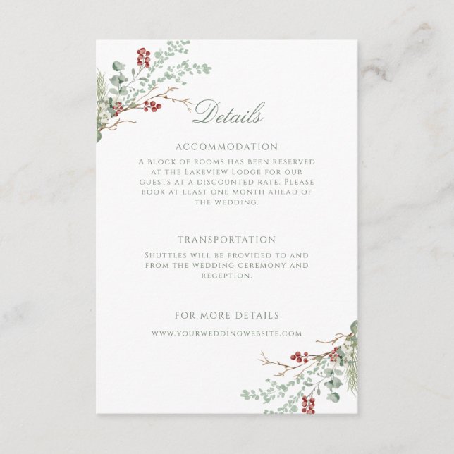 Romantische Winterlandschaft Hochzeiten Details Begleitkarte (Vorderseite)