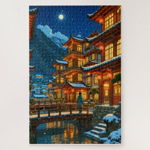 Romantische Winternacht in einer japanischen Onsen