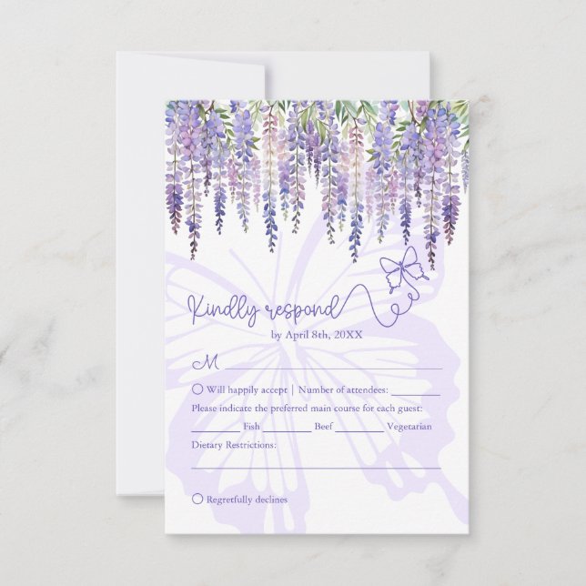 Romantische Wisteria & Butterfly Garden Wedding UA RSVP Karte (Vorderseite)