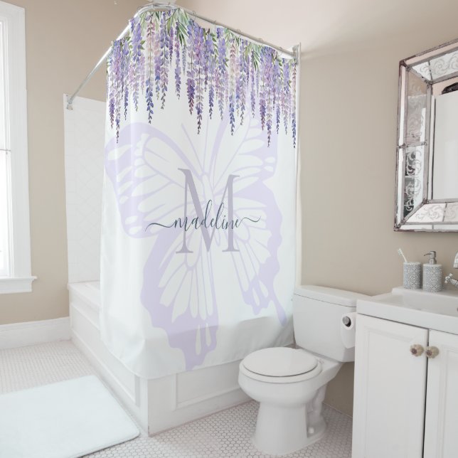 Romantische Wisteria & Butterfly Monogramm Name Duschvorhang (Beispiel)