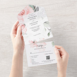 Romantische zarte, weich rosa Rosen Hochzeit All In One Einladung