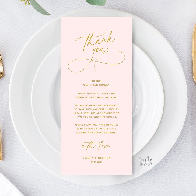 Romantischer Abendessen-Tisch-Dankeskarten-Set Programm (Romantic Wed Dinner Place Setting Thank You Card in Gold Yellow Blush)