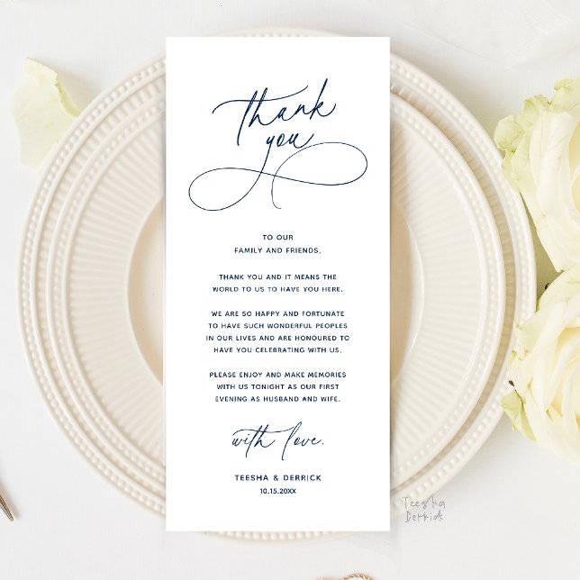 Romantischer Abendessen-Tisch-Dankeskarten-Setzung Programm (Romantic Wedding Place Setting Thank You Card in Navy Blue)