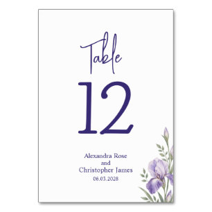 Romantischer Aquarell-Iris-Garten-Hochzeitstisch Tischnummer