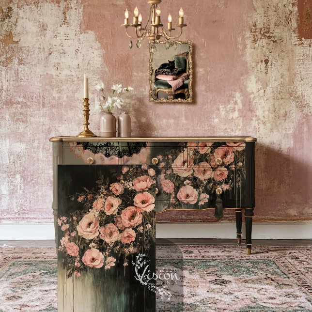 Romantischer ätherischer Lachs Pink Moody Florals Seidenpapier (Romantic Ethereal Floral Blooms, Salmon Pink & Moody Midnight Green Decoupage Tissue Paper)