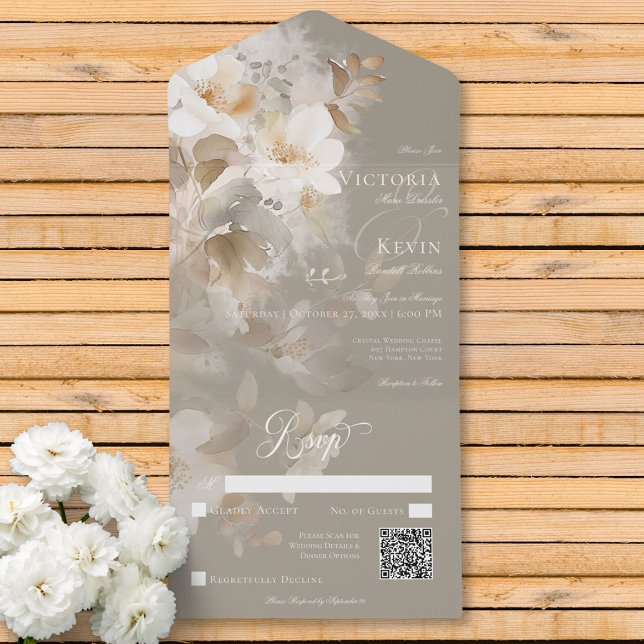 Romantischer ätherischer neutraler beiger QR-Code All In One Einladung (Romantic Ethereal Neutral Beige Floral QR Code All In One Invitation)