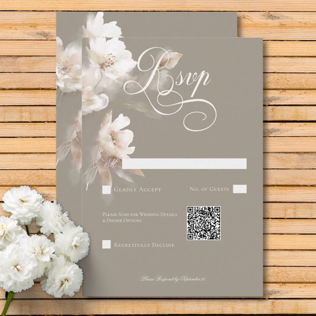 Romantischer ätherischer neutraler beiger QR-Code RSVP Karte (Romantic Ethereal Neutral Beige Floral QR Code RSVP Card)