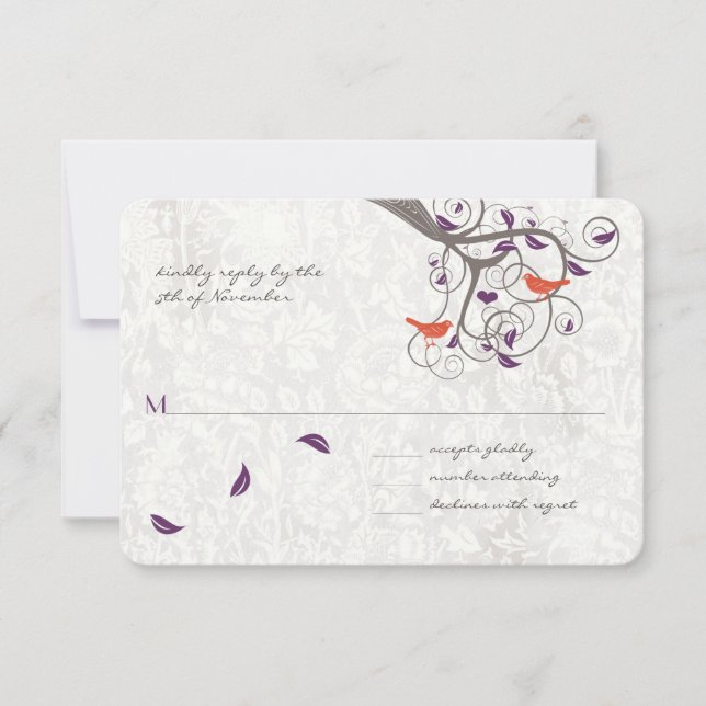 Romantischer Baum Swirl Lovebirds Wedding RSVP Karte (Vorderseite)