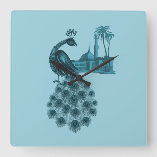 Romantischer blauer Pfau Quadratische Wanduhr (Vorderseite)