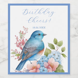 Romantischer Blauvogel und Blume Weinetikett