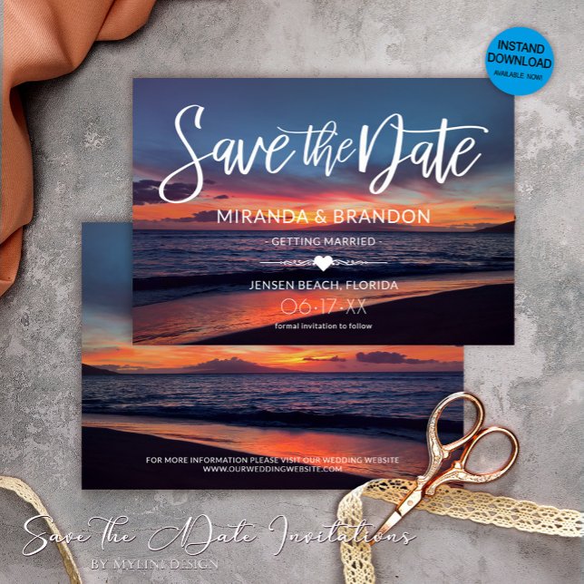 Romantischer Blue Sunset Summer Beach Hochzeit Save The Date (Von Creator hochgeladen)