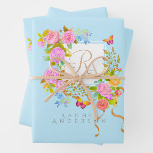 Romantischer blühender Garten Monogramm Blau  Geschenkpapier Set