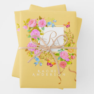 Romantischer blühender Garten Monogramm Gold Gelb Geschenkpapier Set