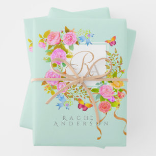 Romantischer blühender Garten Monogramm Grün Geschenkpapier Set
