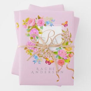 Romantischer blühender Garten Monogramm Rosa Geschenkpapier Set