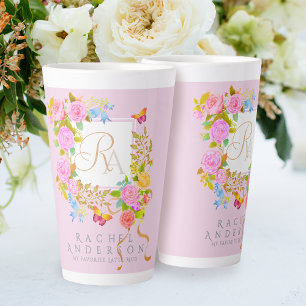 Romantischer blühender Garten Monogramm Rosa Latte Milchtasse