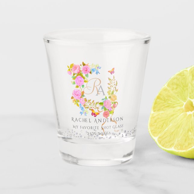 Romantischer blühender Garten-Monogramm  Schnapsglas (Vorderseite)