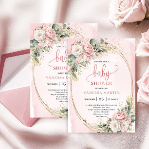 Romantischer Blush-Blumen-Grün-Mädchen-Baby-Party- Einladung