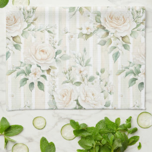 Romantischer Blush Weiße Rosen Florale Streifen   Geschirrtuch