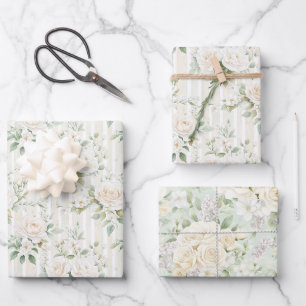 Romantischer Blush Weiße Rosen Florale Streifen Ho Geschenkpapier Set