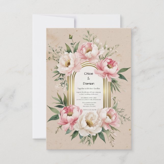 Romantischer Boho - Rosa Pink Peonies & Greenery RSVP Karte (Vorderseite)