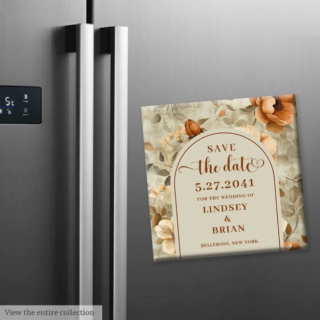 Romantischer Boho-Rost Ivory Olive Blumen Save Dat Magnet (Romantic Boho Rust Ivory Olive Floral Save the Date)