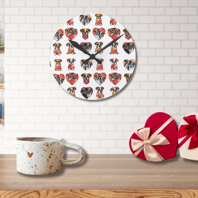 Romantischer Boxer Hund und HerzValentine Runde Wanduhr (Romantic Boxer Dog and Heart Valentine Round Clock)