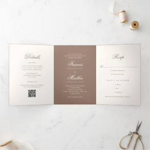 Romantischer brauner QR-Code Elegante Hochzeit Dreifach Gefaltete Einladung