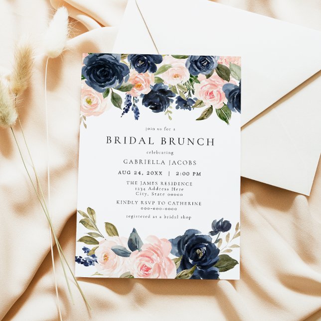 Romantischer Brunch & Sweet Navy Blush Bloral Brid Einladung (Von Creator hochgeladen)