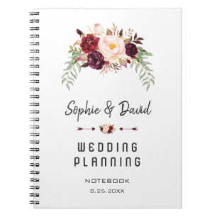 Romantischer Burgund Marsala Floral Wedding Planne Notizblock