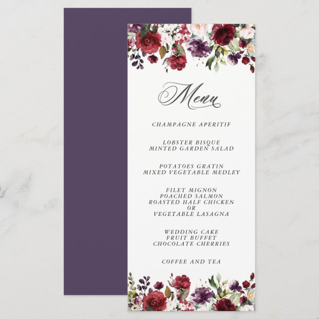 Romantischer Burgund Plum und Blush Floral Menükarte (Vorne/Hinten)