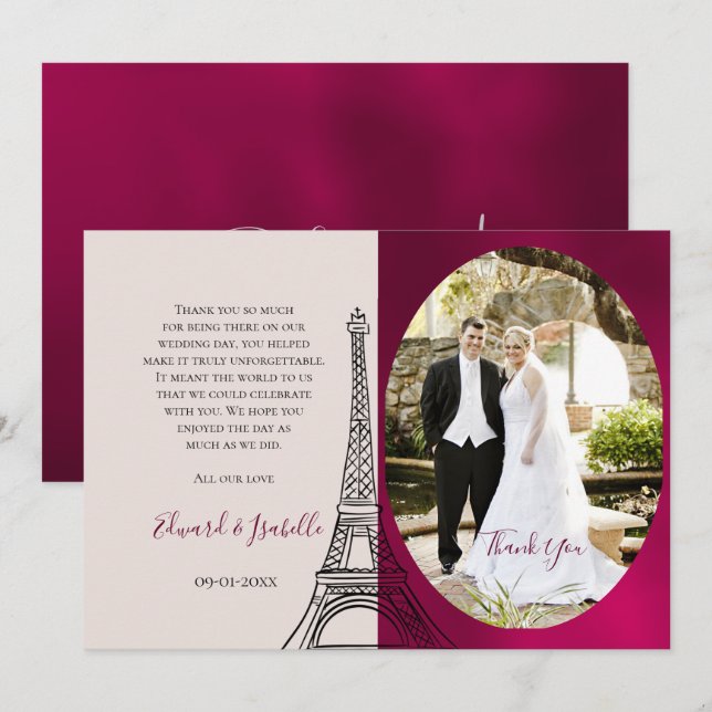 Romantischer Burgund & Rosa Eifelturm Couple Foto Dankeskarte (Vorne/Hinten)