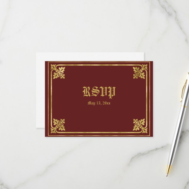 Romantischer Burgund und Goldrahmen RSVP Karte (Vorderseite/Rückseite Beispiel)